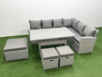 Fimous Rattan Garden Furniture Set Outdoor 9 Seater Patio Dining Corner Sofa in Light Grey