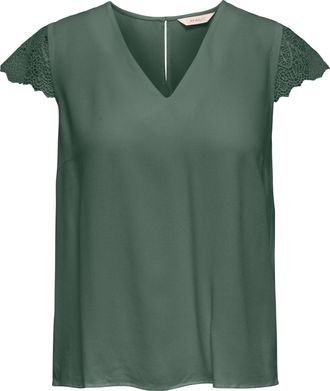Only Kurzarmbluse ONLY ONLELVA-VIA S/S DETAIL TOP WVN CS FR, Damen, Gr. XL, laurel wreath, Web, Obermaterial: 100% Viskose, unifarben, normal, V-Ausschnitt