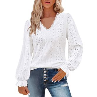 Generic Classy Tops for Women Lace V Neck Ladies Tops Puff Long Sleeve Eyelet Tops Dressy Casual Outfits Work Clothes Womens Blouses and Shirts White