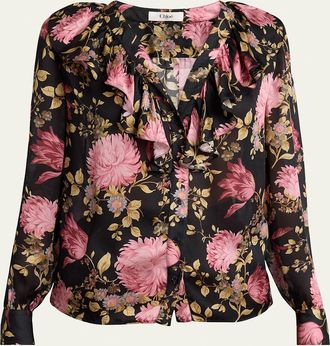 Chloé Floral Ruffle-Trim Button Down Silk Top