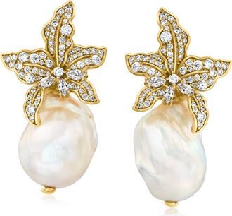 Ross-Simons Italian 13-18mm Baroque Pearl and CZ Flower Earrings in 18kt Gold Over Sterling