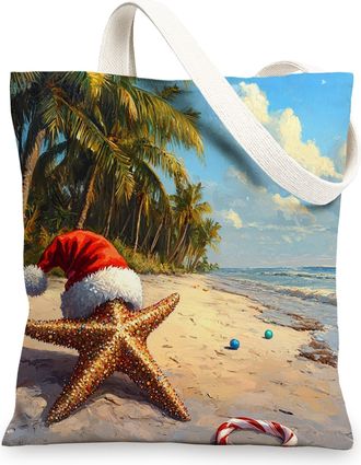 Generic Beach Christmas Starfish Canvas Tote Bag for Shopping 13x15, Fun Coastal Xmas Palm Trees Reusable Grocery Print Pattern Bag for Women, Holiday Beachy 