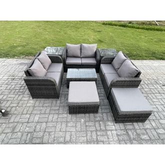 Fimous Wicker pe Rattan Garden Furniture Set 8 Seater Outdoor Lounge Sofa Set with Love Sofa Coffee Table 2 Side Tables 2 Big Footstool Dark Grey Mixed