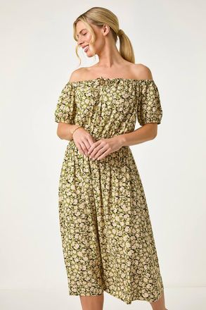 Roman Ditsy Print Bardot Midi Dress