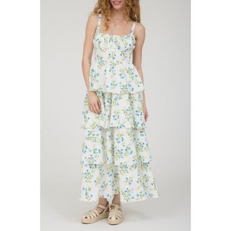 Blu Pepper Back Bow Sleeveless Tiered Maxi Dress in Blue Multi at Nordstrom, Size Medium