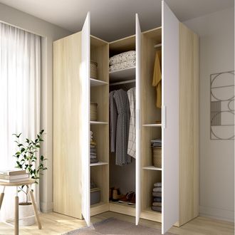 Dmora Armario De 3 Puertas Reeves, Ropero Dormitorio Con Perchero, Cajones, 6 Estantes, 95x142 Cm Blanco