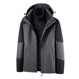 Generic Mens Waterproof Jackets Winter Outdoor 3 in 1 Jackets Fleece Lined Warm Rain Coat with Hood Colour Block Thicken Thermal Casual Jacket Climbing Ski Sp