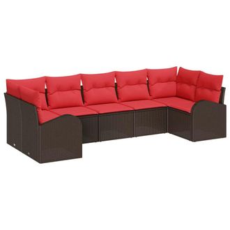 vidaXL Conjunto De Sof&aacute;s De Jard&iacute;n 7 Pcs Marr&oacute;n Y Rojo Rat&aacute;n Sint&eacute;tico Vidaxl
