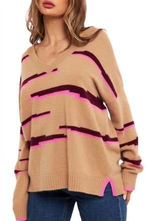 Brodie Glitch Zebra V Neck Sweater Top In Camel/sangria/diva Pink