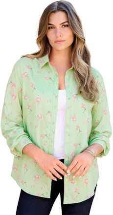 Roaman's Plus Size Kate Long Sleeve Easy Cotton-Blend Button-Front Shirt in Green Mint Pretty Floral at Nordstrom, Size 38