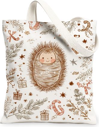 Generic Winter Holiday Canvas Tote Bags, Cute Animal Nest Pattern Reusable Grocery Bags, Cozy Rustic Chic Lightweight Washable Shou, White, 13x15 Inch