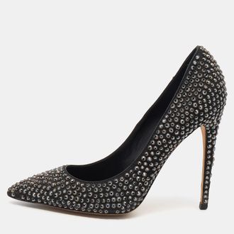 Le Silla Black Leather Crystal Embellished Pointed Toe Pumps
