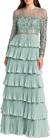 Mac Duggal Crepe Ruffled Long Sleeve Evening Gown with Beaded Mesh Top in Sage at Nordstrom, Size 16