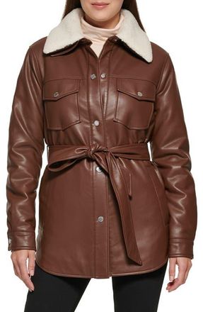 Kenneth Cole Faux Leather Tie Belt Shacket with Removable Faux Shearling Collar in Chocolate at Nordstrom, Size X-Small