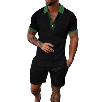 Generic Polo Shirt Mens White 2-Piece Summer Shirt Mens Elegant Bermuda Shorts Fashion T-Shirts + Shorts Sets with Dot Pattern Sports Suit Breathable Running 