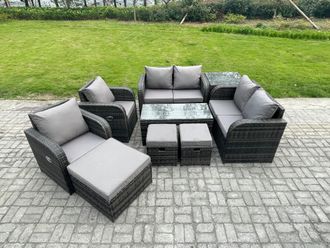 Fimous 9 Seater Rattan Garden Furniture Set Outdoor Patio Sofa, Table & Chairs Coffee Table 3 Footstools Ideal for Pool Side, Balcony, Outdoor Set