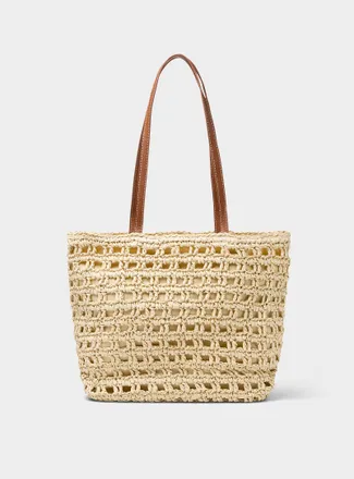 Simons Womens Faux-leather handle crocheted straw tote bag