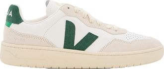 Veja White/Green V-90 Leather Low-Top Sneakers