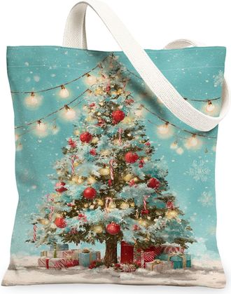 Generic Vintage Canvas Tote Bags, Festive Tree Design Reusable Grocery Bags, Lightweight Washable Shoulder Strap Canvas for Holiday Shopping 13x15 Inch