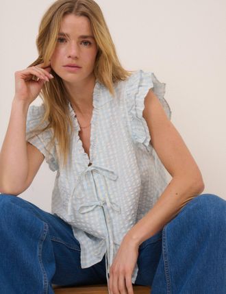 Nobody's Child Blue Gingham Tie Front Blouse