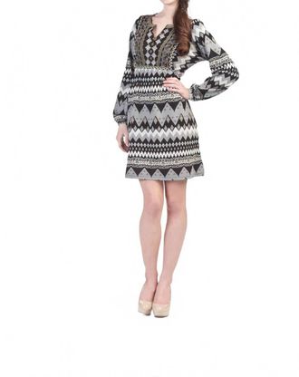 Papillon Navaho Print Long Sleeve Yoke Dress In Grey