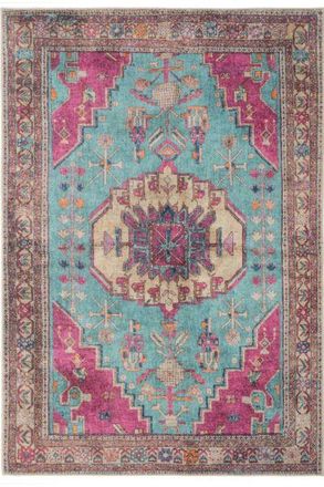 Kukoon Teal Pink Multicolour Distressed Persian Style Non Slip Washable Low Pile Rug in Fuchsia | Size: 200 cm x 290 cm