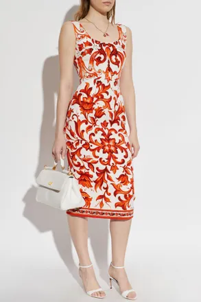 Dolce & Gabbana Silk Dress With Majolica Print, Womens, Orange