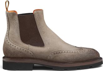 Santoni Suede Chelsea Brogue Boot - Heren - Chelseaboots - Beige - 41 1/2 EU - Leer - Schoenen