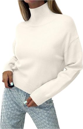 Generic Womens High Neck Jumpers Long Sleeve Loose Fit Sweater Casual Ribbed Hem Lightweight Knitwear for Going Out Ladies Pullover White XL
