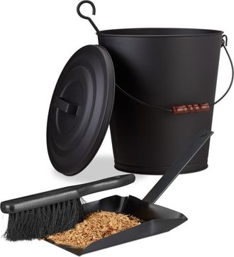 Relaxdays Juego De Limpieza Para Chimeneas De 2 Piezas, Cubo De Cenizas, Escoba, Acero, Tapa, Mango De Madera, 24 Litros, Negro