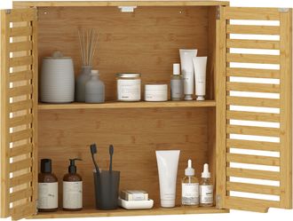 OEM Armario De Ba&ntilde;o De Pared De Bamb&uacute; Mueble De Ba&ntilde;o Colgante Con Estante Ajustable Puertas De Lamas Natural