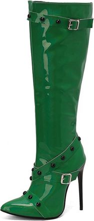 Generic Womens Patent Leather Knee High Boots with Rivet Pointed Toe Long Boots with Side Zipper Stiletto High Heel Party Prom Shoes,Green,3.5 UK