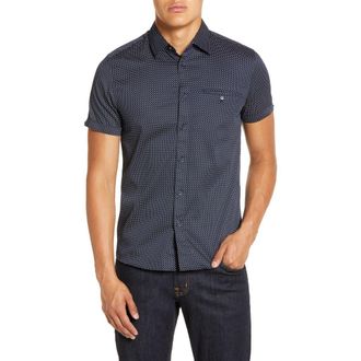 Ted Baker Oatshor Slim Fit Short Sleeve Button-Up Shirt in Navy at Nordstrom Rack, Size 5(Xl)