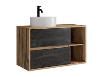 Vente-Unique Mueble de ba&ntilde;o suspendido con lavabo redondo y grifo - Color natural y antracita - 100 cm - TIKITIKI