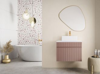 Vente-Unique Mobile per bagno sospeso scanalato con lavabo da appoggio 60 cm Rosa - SATARA