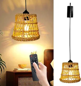 OEM L&aacute;mpara Colgante De Rat&aacute;n Con Mando A Distancia - L&aacute;mpara De Techo Impermeable Para Uso Interior Y Exterior