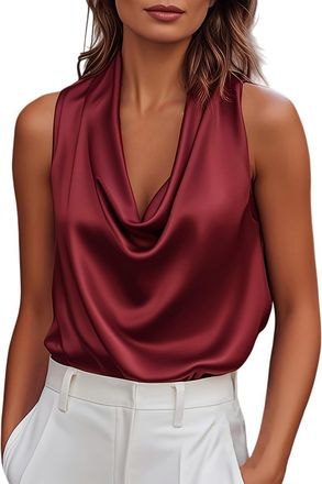 Generic Silk Camisoles for Women Elegant V Neck Sleeveless Cami Vest Ladies Basic Going Out Satin Tank Top(Wine, XXL)