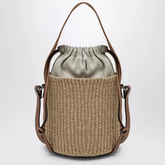 Chlo&eacute; Small Woody bucket bag in woven paper and leather, beige
