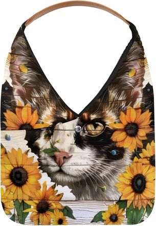 Generic Cat Sunflower Wooden Board Painting Reusable Lightweight Grocery Bags - Foldable Into Compact Pouch, Washable & Sturdy, Multipurpose for Shopping and 