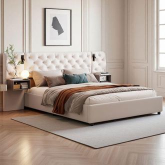OEM Cama Lit 160x200 De Terciopelo Beige Con Somier, Led, Puertos Usb/type-c, Almacenamiento Hidr&aacute;ulico