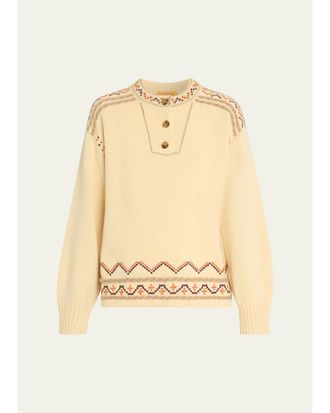 Guest In Residence Fisherman Embroidered Cashmere-Wool Henley Sweater