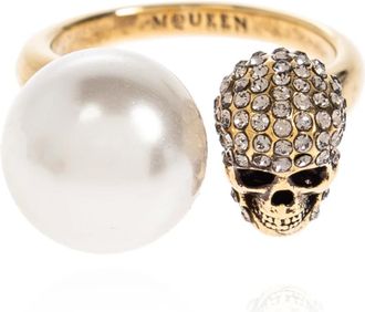 Alexander McQueen Accessoires, Dames, Geel, 54 MM, Skull and Pearl Ring