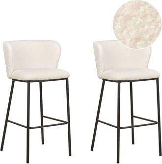 Beliani Beliani - Set of 2 Modern Bar Chairs Stools Boucle Upholstered Seat Armless Curved Back Black Legs White Mina