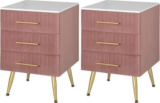Woltu Woltu Set Di 2 Comodino Camera Da Letto In Velluto Con Tre Cassetti. Cassettiera In Legno. Organizzatore Da Letto. Gambe In Metallo. Bianco E Rosa