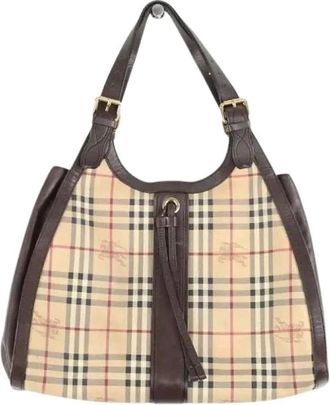 Burberry Pre-owned Shoulder Bags, female, Beige, Size: ONE SIZE Pre-owned Haymarket Check Buckle Drawstring Tote