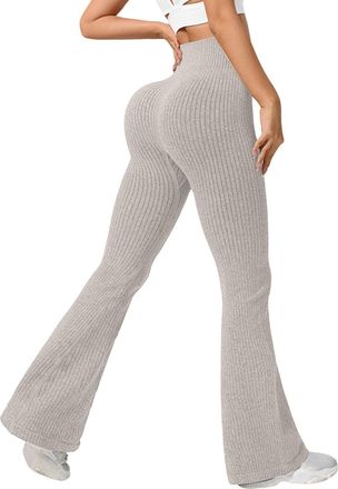 Generic Flared Leggings for Women High Waisted Tummy Control Gym Leggings Scrunch Butt Lifting Sports Yoga Pants Womens Seamless Ribbed Knit Joggers Running C