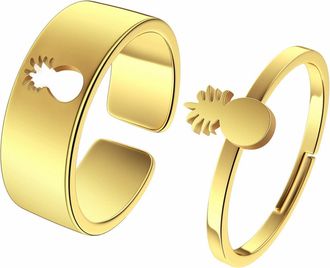 Generic Stainless Steel Ring Men Stainless Steel Ring For Women Men Fashion Gold Silver Matching Rings For Couples Rings Set Adjustable Jewelry Pineapple Love