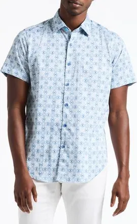 Robert Graham Madagascar Short Sleeve Stretch Cotton Button-Up Shirt in Blue at Nordstrom Rack, Size Xxx-Large
