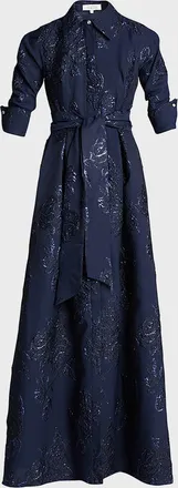 Teri Jon Belted Jacquard Shirtdress Gown