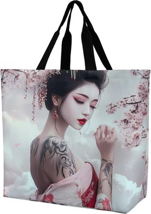 Generic Geisha in Moon Reusable Shopping Bags One Shoulder Grocery Tote Bag Waterproof Big Purse for Work Travel